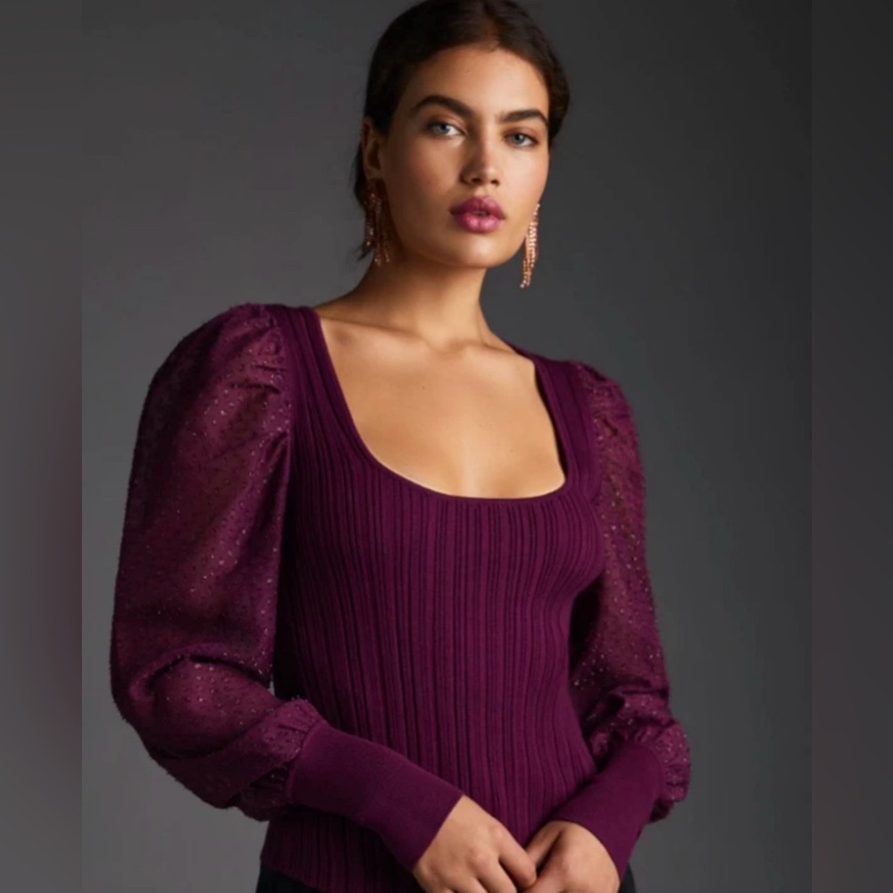 Anthropologie Puff Sleeve Ribbed Shimmer Sweater Top Plum Wine XS